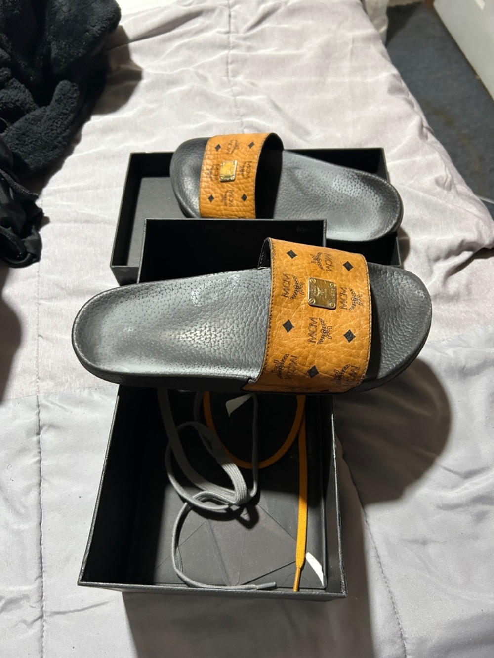 MCM Cognac and Black Visetos Logo Slide Sandals
